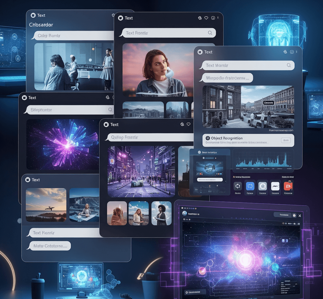 Montage illustrating diverse capabilities of AI chat with pictures: text-to-image generation, image editing, and visual question answering in a conversational interface.