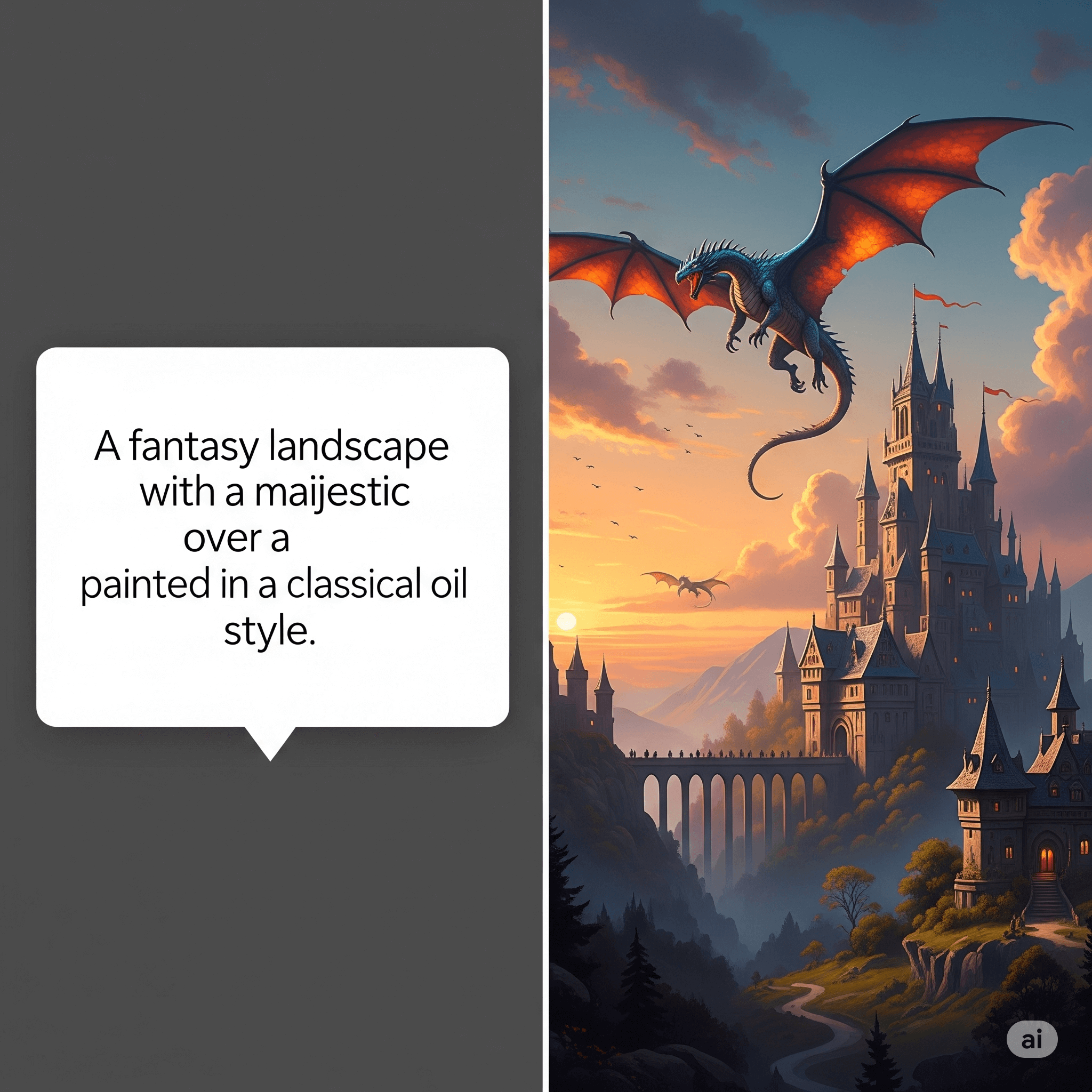 Example of text-to-image AI generation, showing a prompt on the left and the resulting fantasy landscape with a dragon and castle on the right.