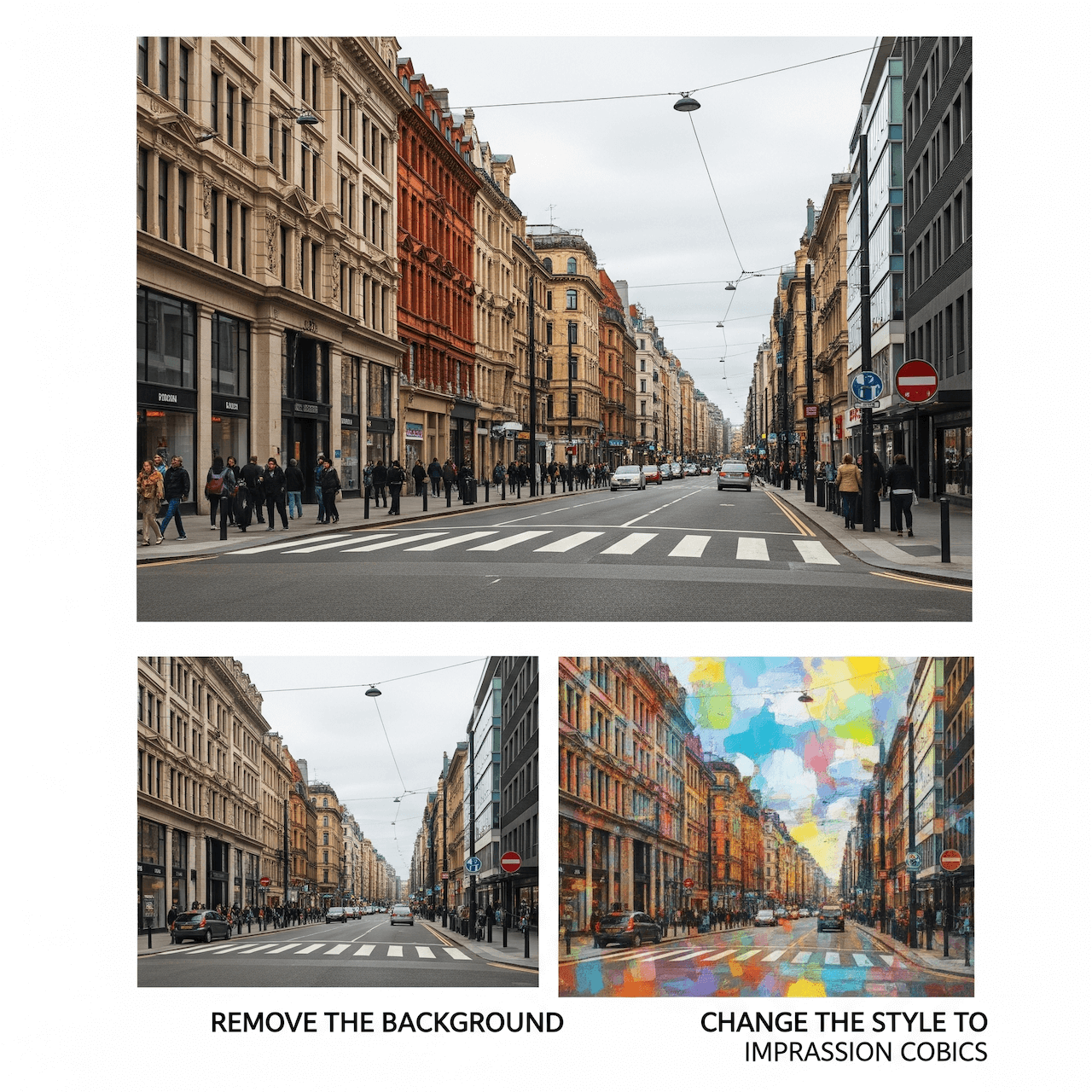 Visual demonstration of AI image editing: original photo, object removal, and artistic style transformation.