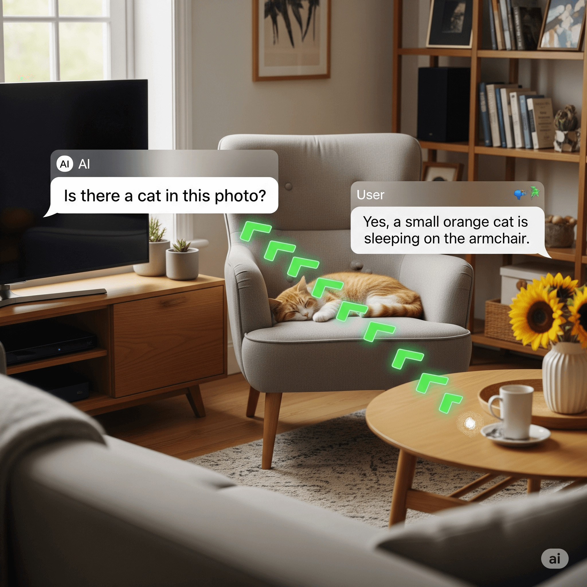 AI chat interface showing a user asking 'Is there a car in this photo?' about an image, and the AI accurately responding, demonstrating visual question answering.