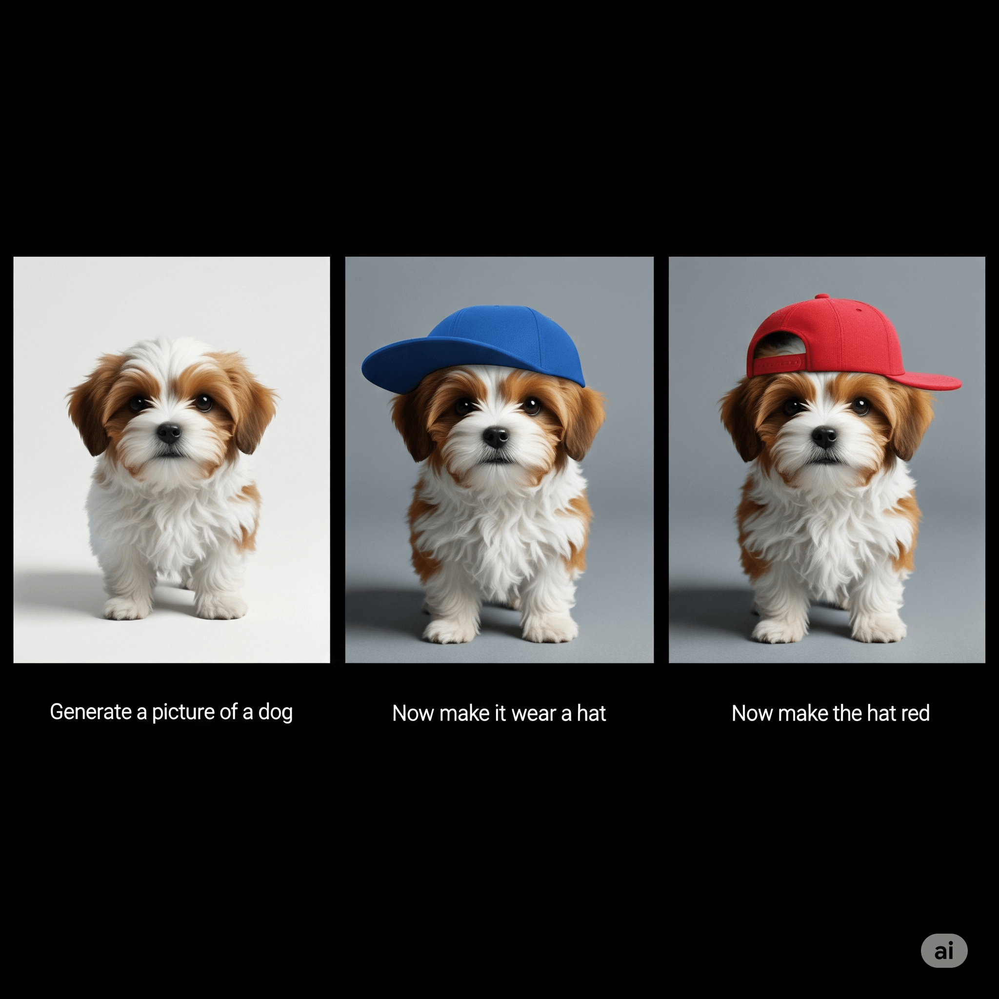 Sequence of AI-generated images demonstrating multimodal interaction, from a dog, to a dog with a hat, to a dog with a red hat, guided by conversational prompts.