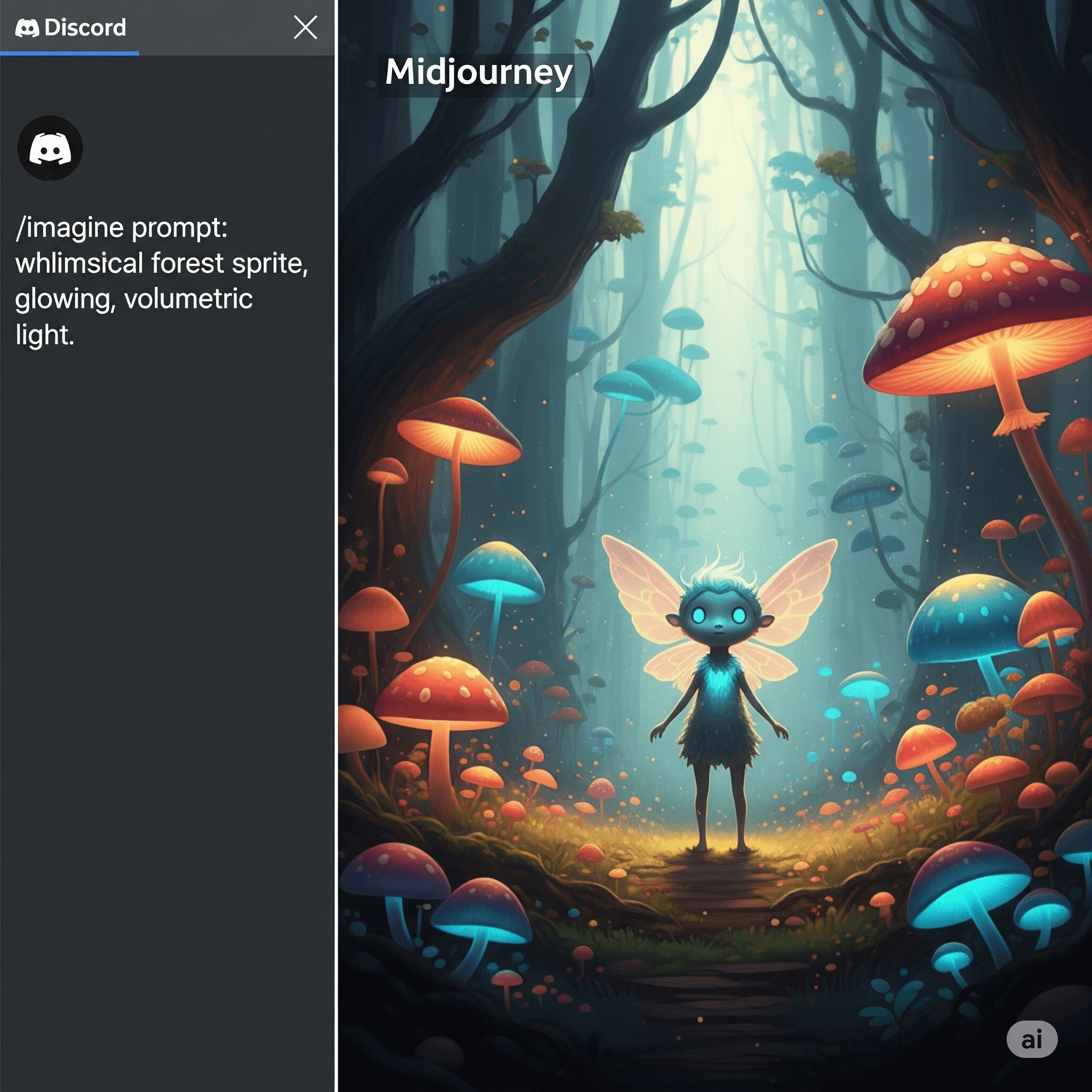 Screenshot of Midjourney's Discord bot interface and an example of its artistic image generation from a text prompt.