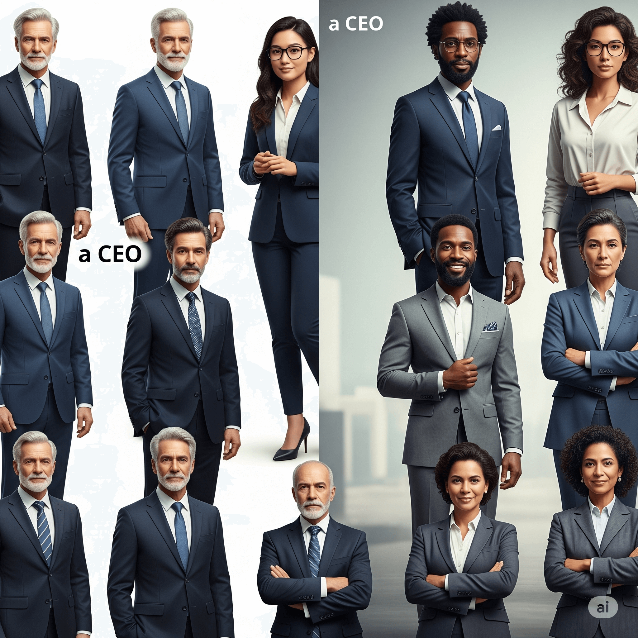 Comparison demonstrating AI bias: stereotypical images of a CEO on the left, and more diverse representations on the right, highlighting the impact of training data.