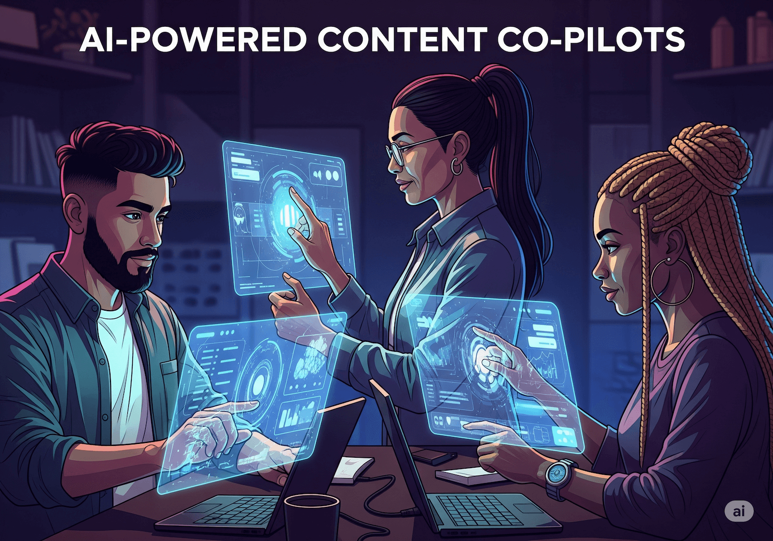 A stylized graphic depicting a diverse team of humans collaborating with glowing AI interfaces, illustrating the concept of AI-powered content co-pilots.