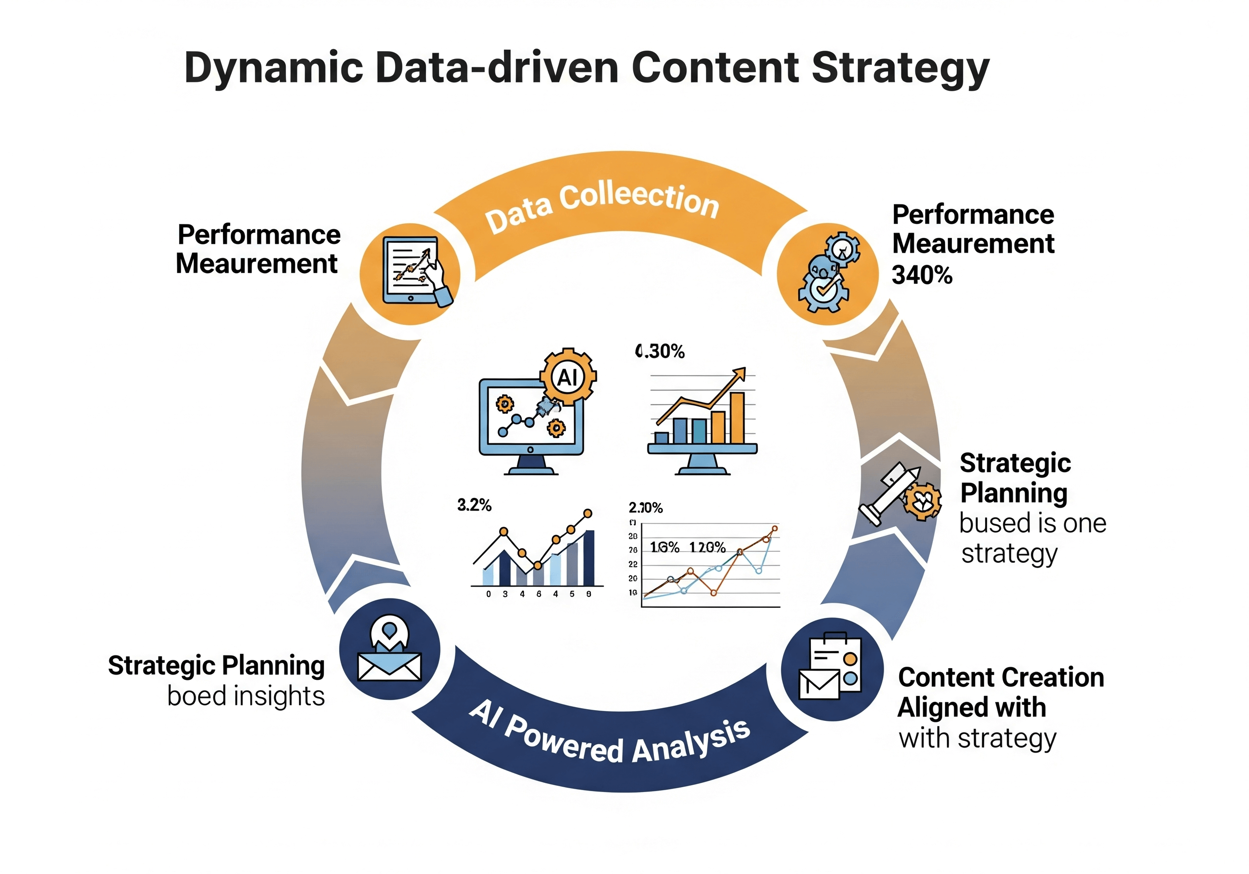 An infographic showing a circular flow of data collection, AI analysis, strategic planning, content creation, and performance measurement, representing a data-driven content strategy.