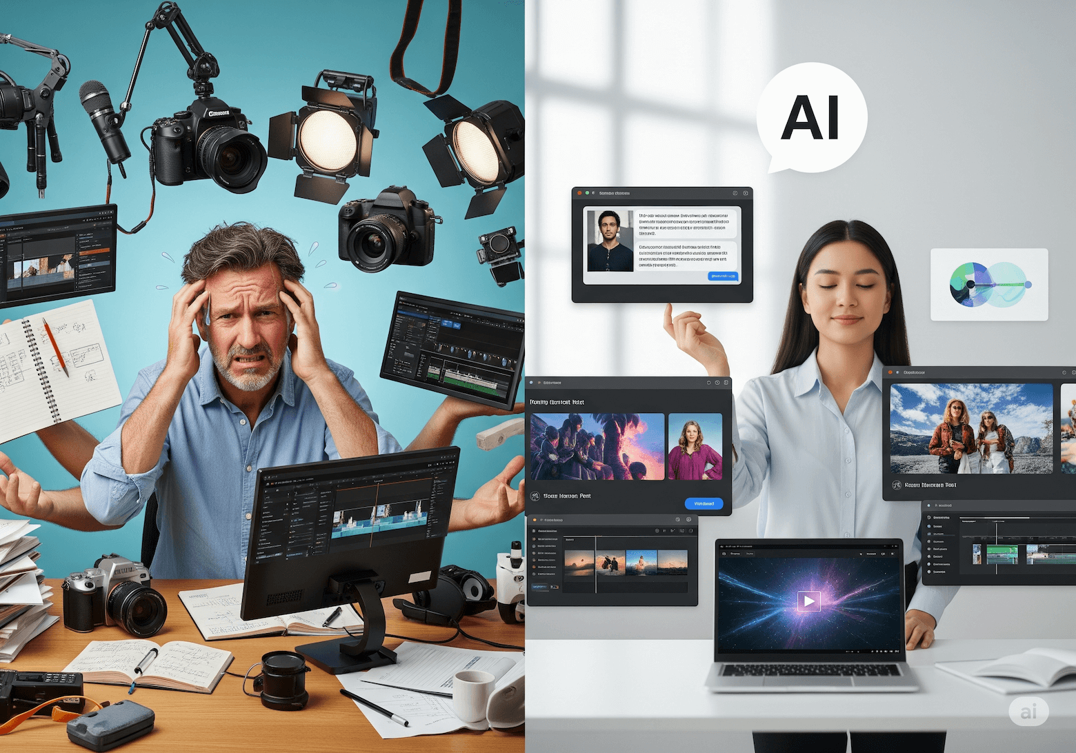 A split image: one side shows a traditional content creator looking stressed with many tools, the other side shows a content creator calmly overseeing AI tools generating various content forms (text, image, video).
