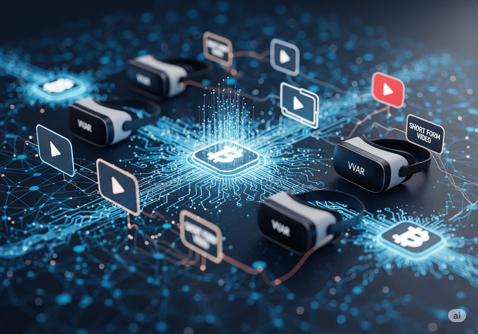 A visual representation of converging trends: a blockchain network intersecting with VR/AR headsets, and short-form video icons, all linked by subtle AI circuitry lines, showing the interconnected future of content.