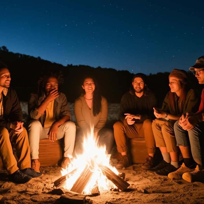 People sharing personal stories around a campfire