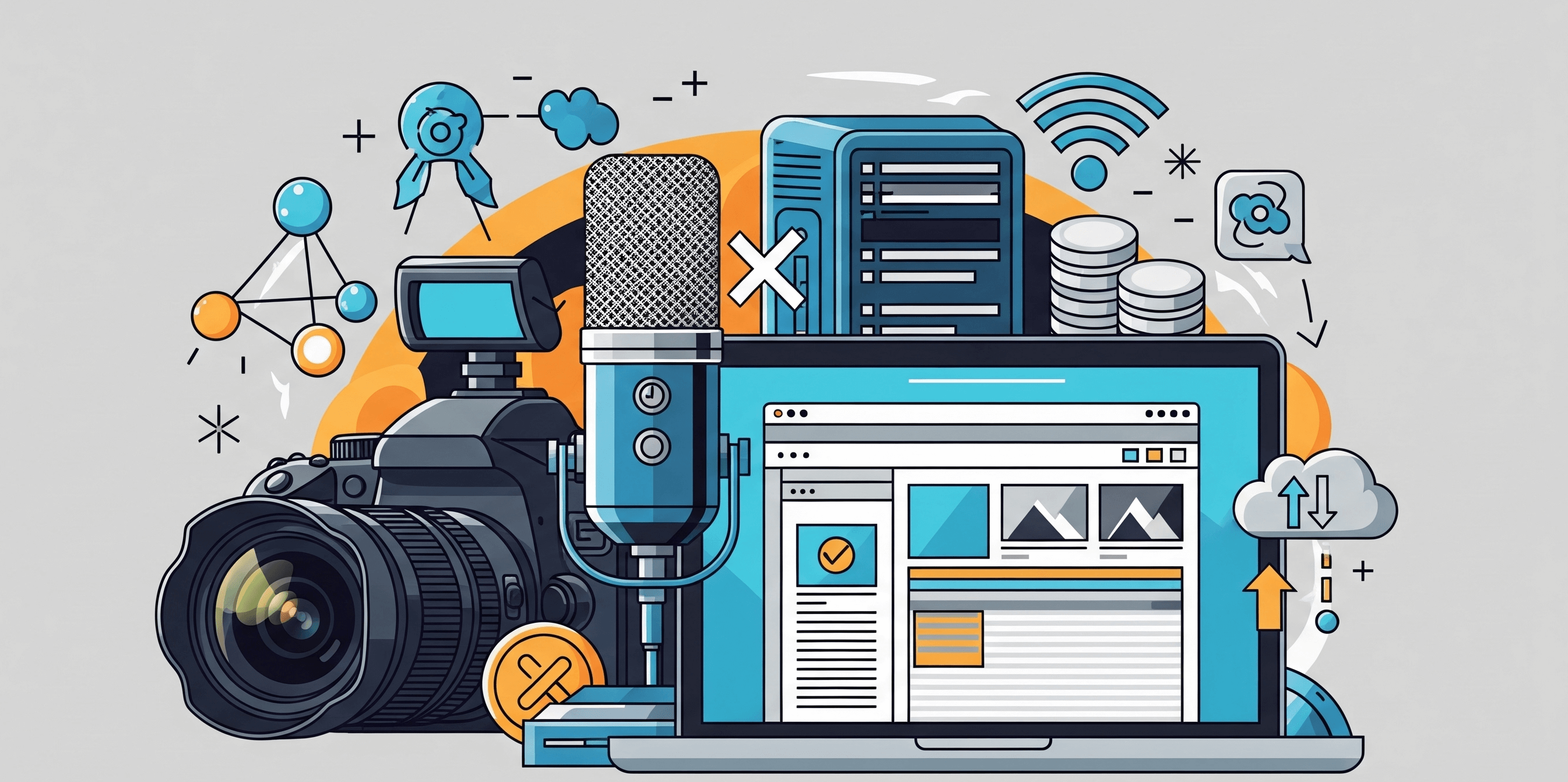 Illustration showing a camera, microphone, computer, and cloud network, symbolizing essential content creation tools.