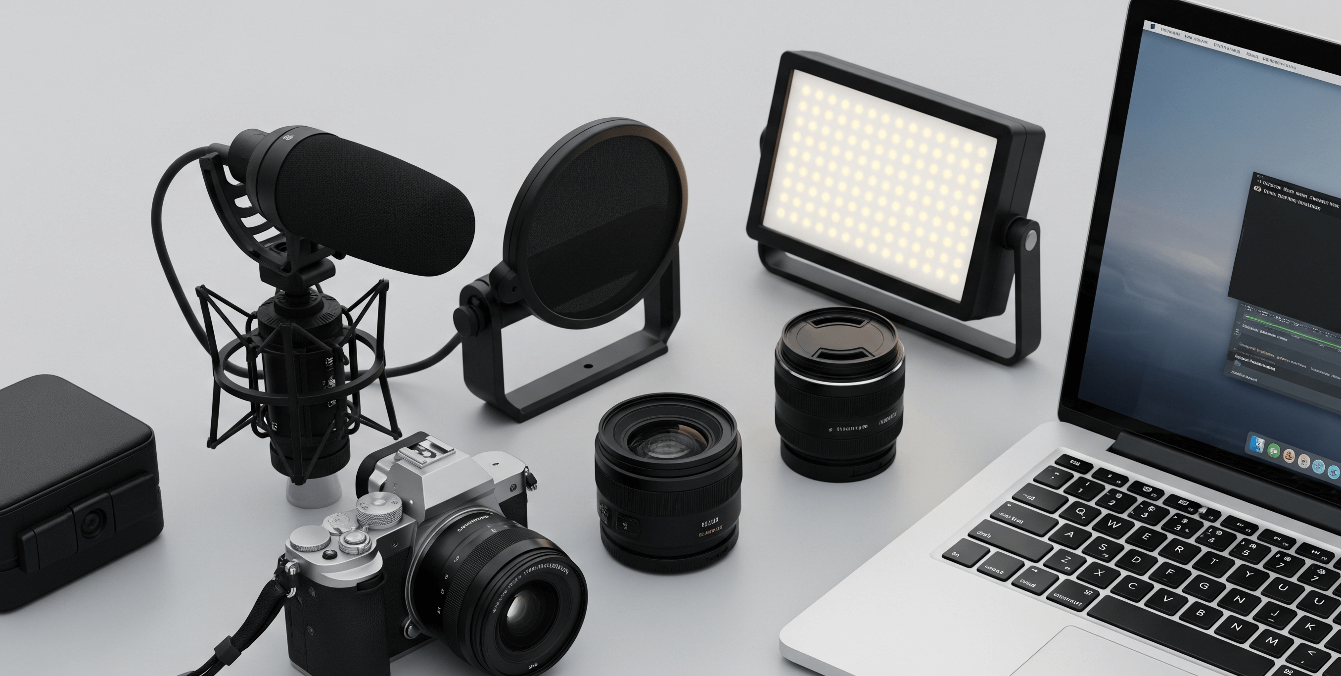 Flat lay of content creation hardware including a camera, microphone, LED light, and a laptop, emphasizing physical tools.