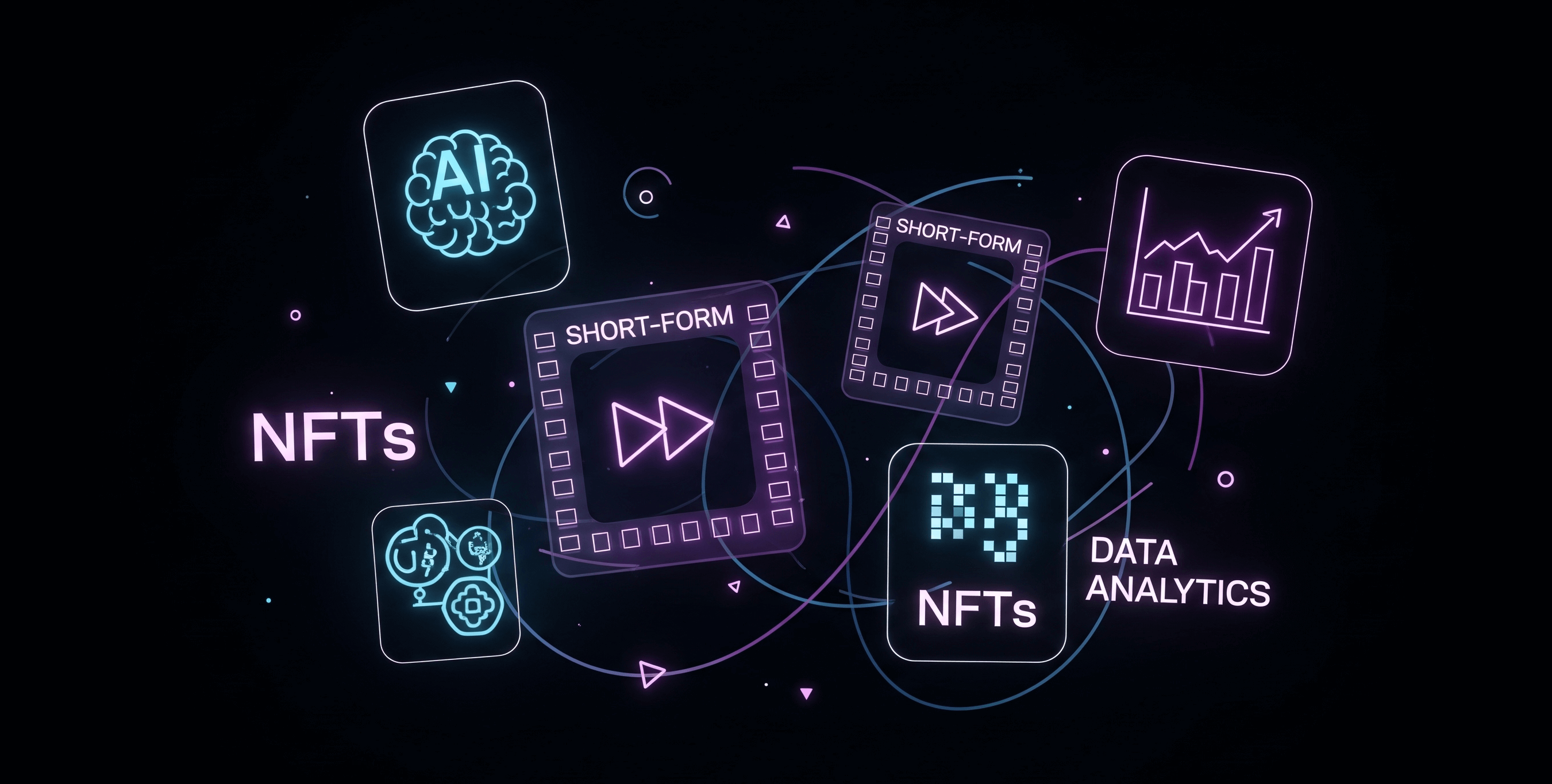 A stylized graphic depicting emerging digital trends like AI, short videos, and data analytics in content creation.