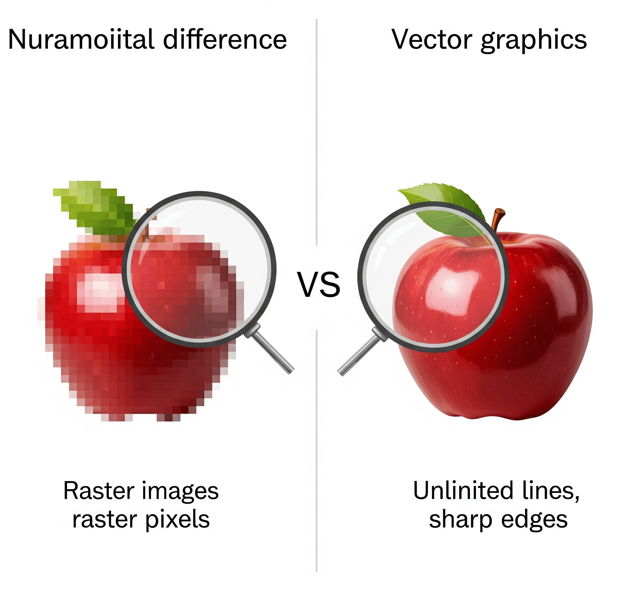 Comparison of raster vs. vector images: A raster image showing pixelation when zoomed, contrasted with a perfectly clear vector image at the same zoom level.