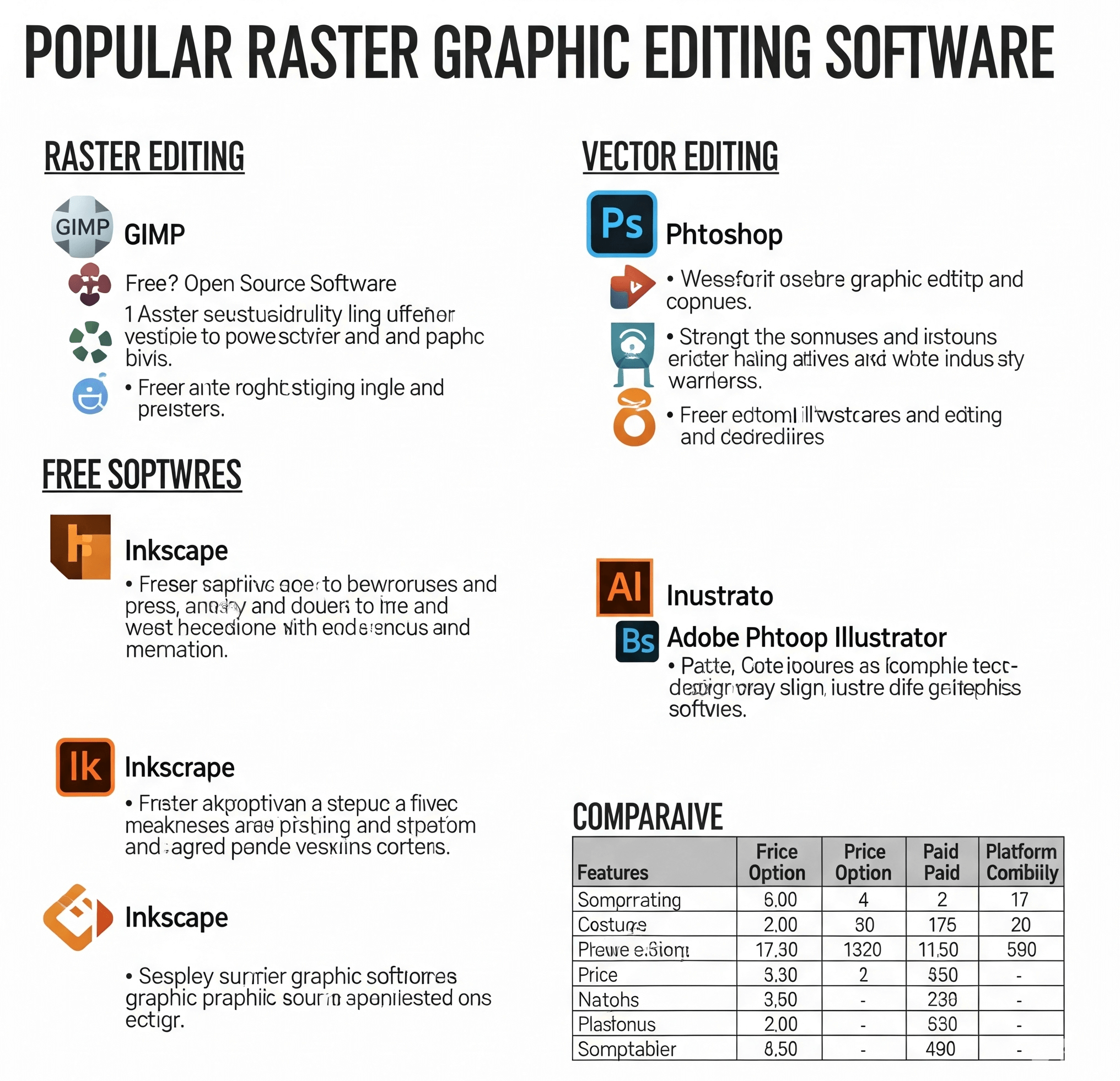 Infographic showing essential digital image creation tools: Adobe Photoshop, Affinity Photo, Procreate, Clip Studio Paint for raster; Adobe Illustrator, Affinity Designer for vector; GIMP, Krita for free/open-source.