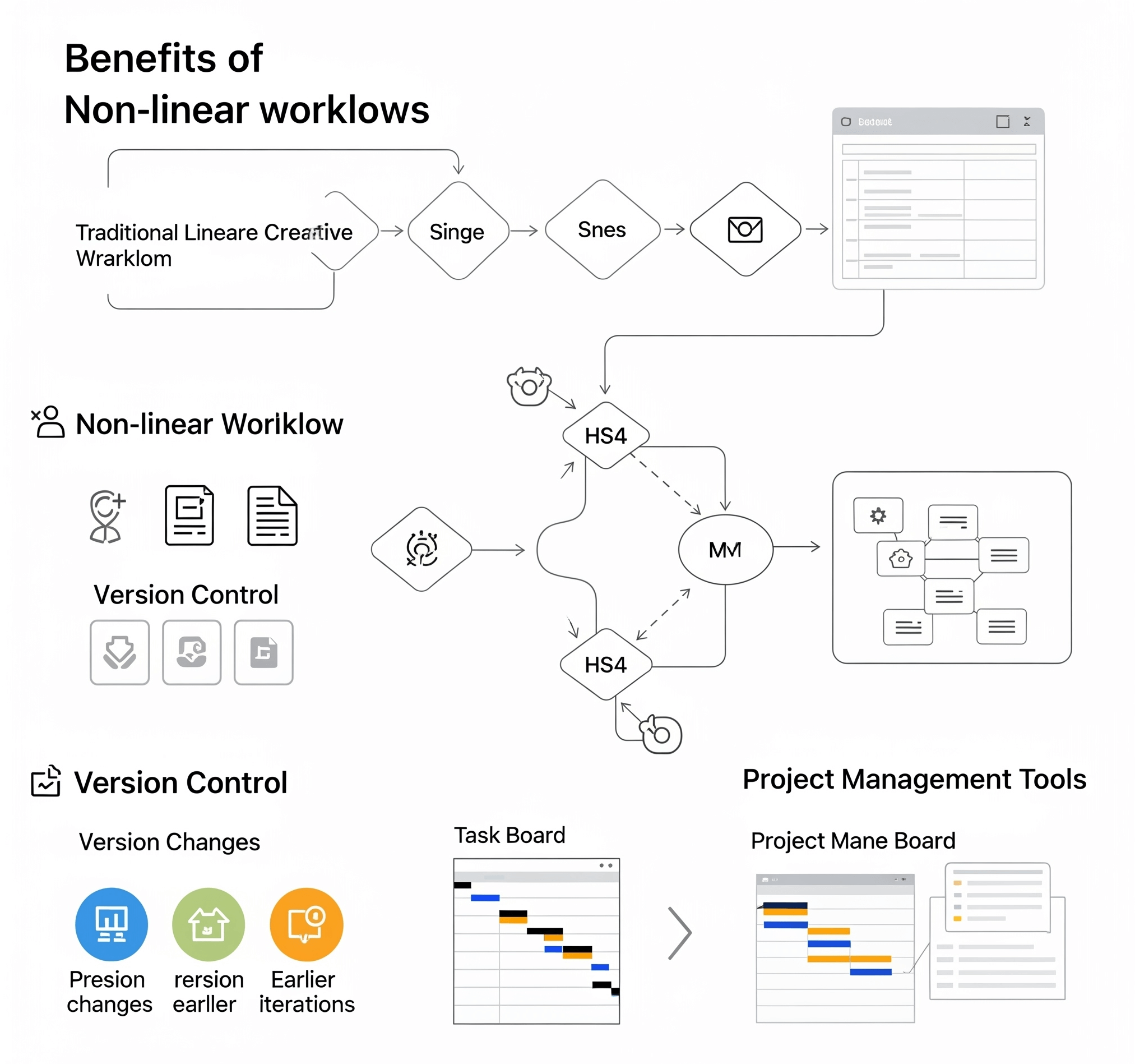 Workflow optimization diagram: Arrows connecting concepts like non-linear progress, version tracking, and collaborative project management tools.