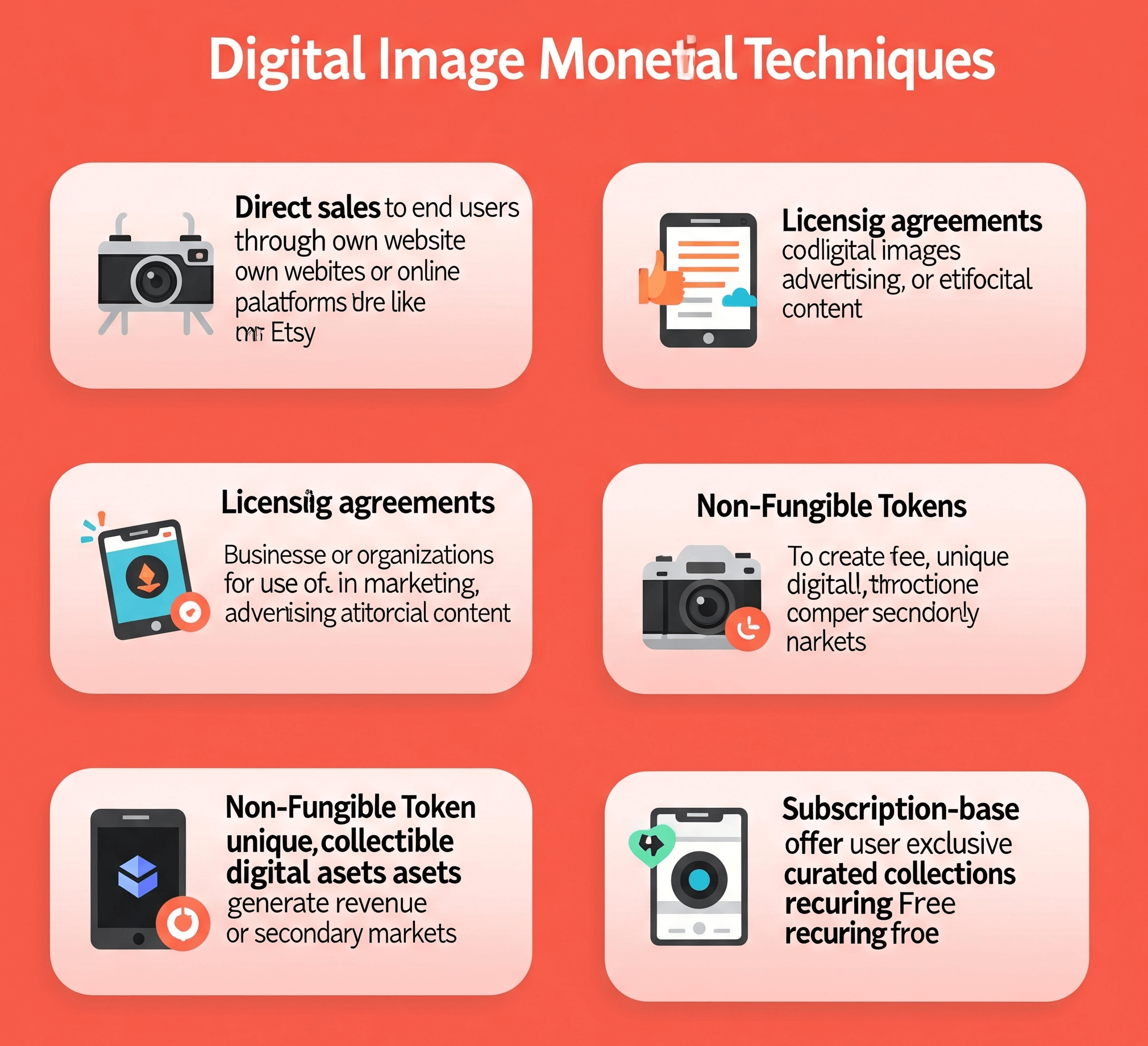 Infographic on monetizing digital images: Icons representing direct sales, licensing, NFTs, and subscription models.