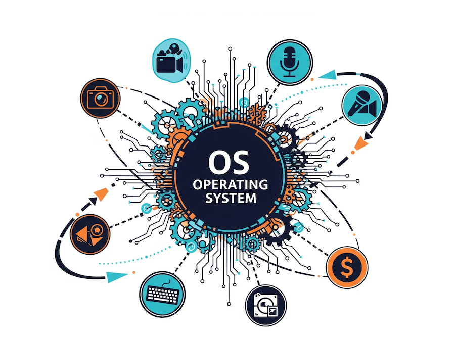 A stylized graphic showing interconnected gears and circuit board lines, representing an Operating System with various content creation icons (camera, microphone, keyboard, money symbol) floating around it. The overall impression is dynamic and interconnected, hinting at the sophisticated nature of the creator economy.