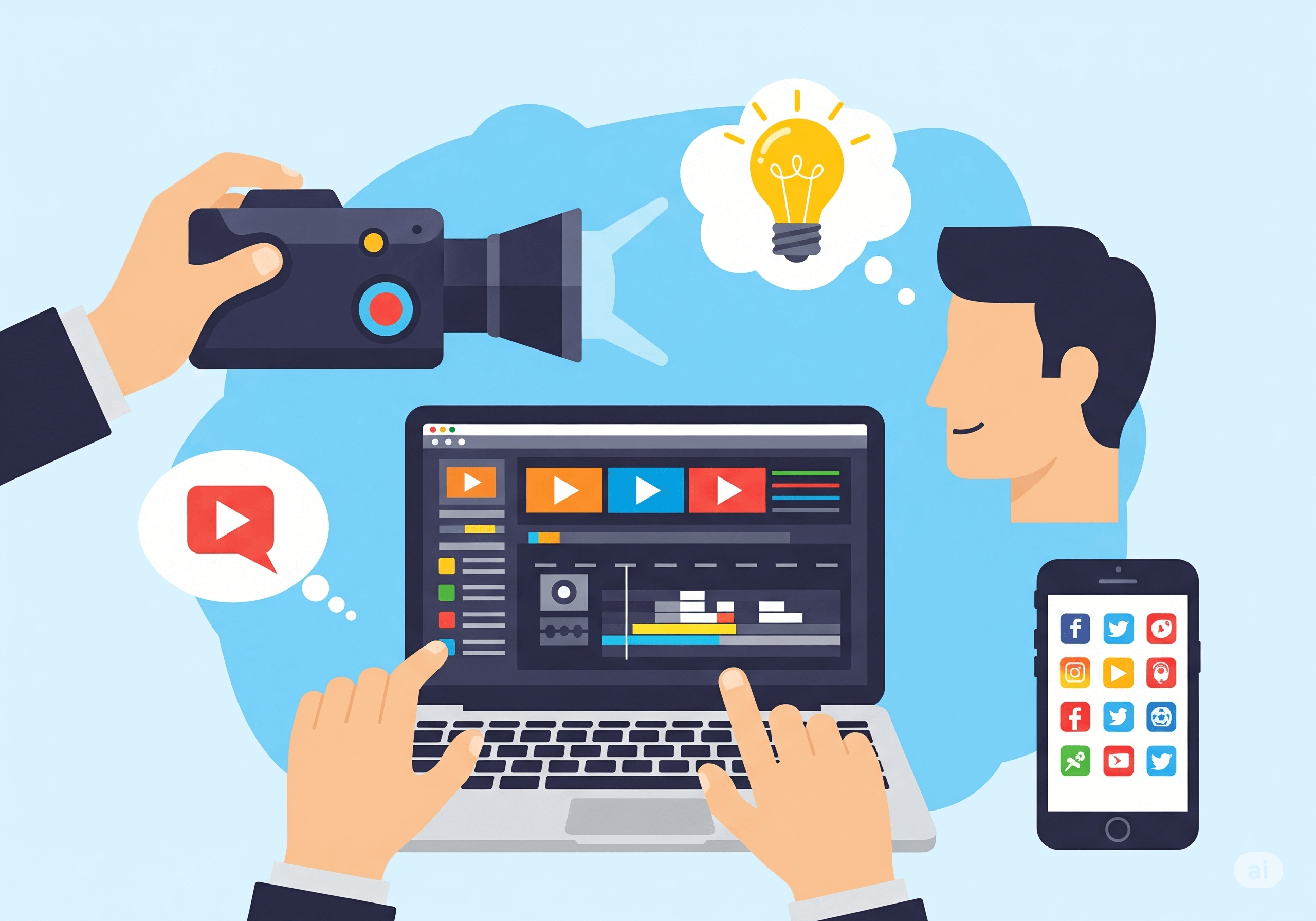 A vibrant flat-design illustration depicting various creative activities: a hand holding a video camera, another hand editing video on a laptop, a thought bubble with a lightbulb, and a smartphone showing social media icons. This represents the diverse apps a creator runs.