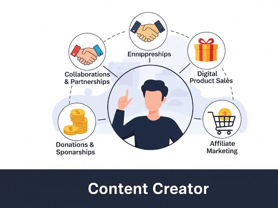 A graphic depicting various money-making icons surrounding a central Content Creator figure: a hand shaking another (partnerships), a gift box (digital products), coins (donations), and a shopping cart (affiliate marketing), illustrating diverse monetization strategies.