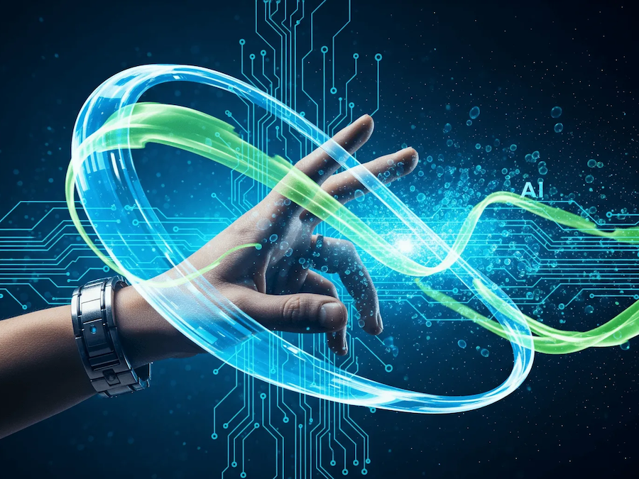 A futuristic graphic showing a human hand interacting with glowing digital elements, symbolizing AI assisting content creation. Circuit board lines and data points are visible in the background, representing the fusion of human creativity and artificial intelligence.