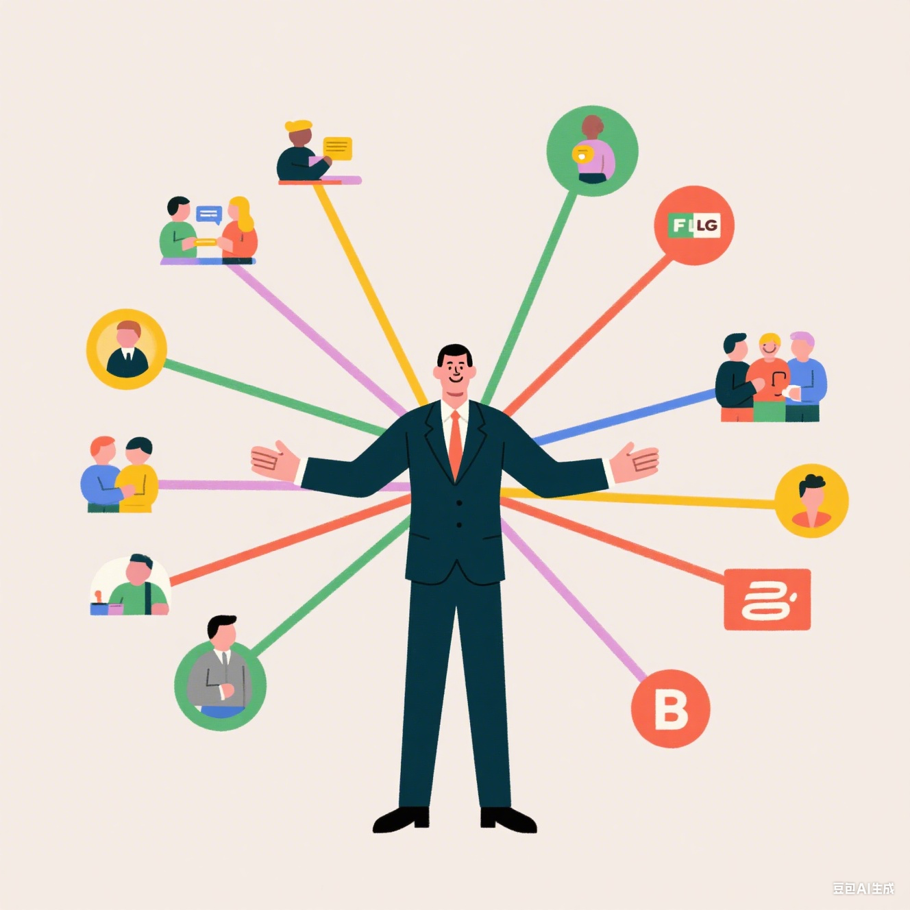A diagram showing a founder at the center, representing the core of the Founder-Led Growth (FLG) strategy. Lines of influence radiate outwards, symbolizing how their authentic content builds a community and a strong brand.