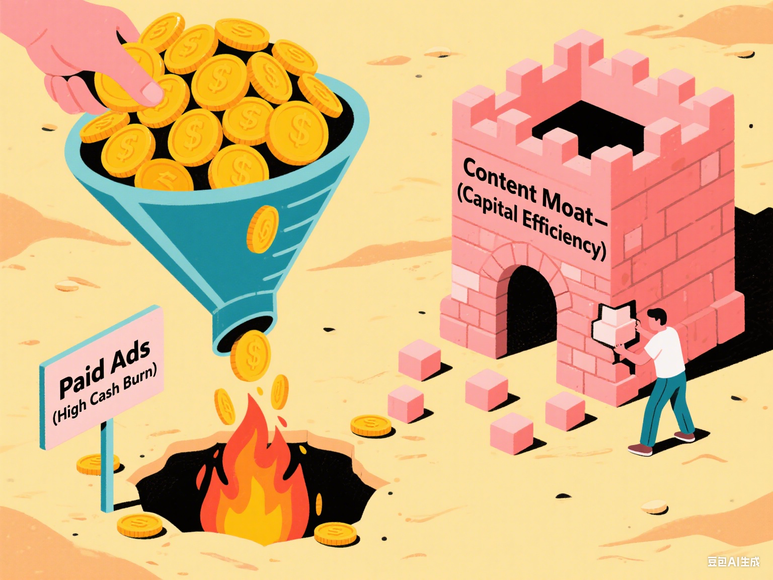 A side-by-side comparison. On the left, a pile of money is being fed into a fire labeled Paid Ads (High Cash Burn). On the right, a person is carefully laying bricks to build a castle wall labeled Content Moat (Capital Efficiency).