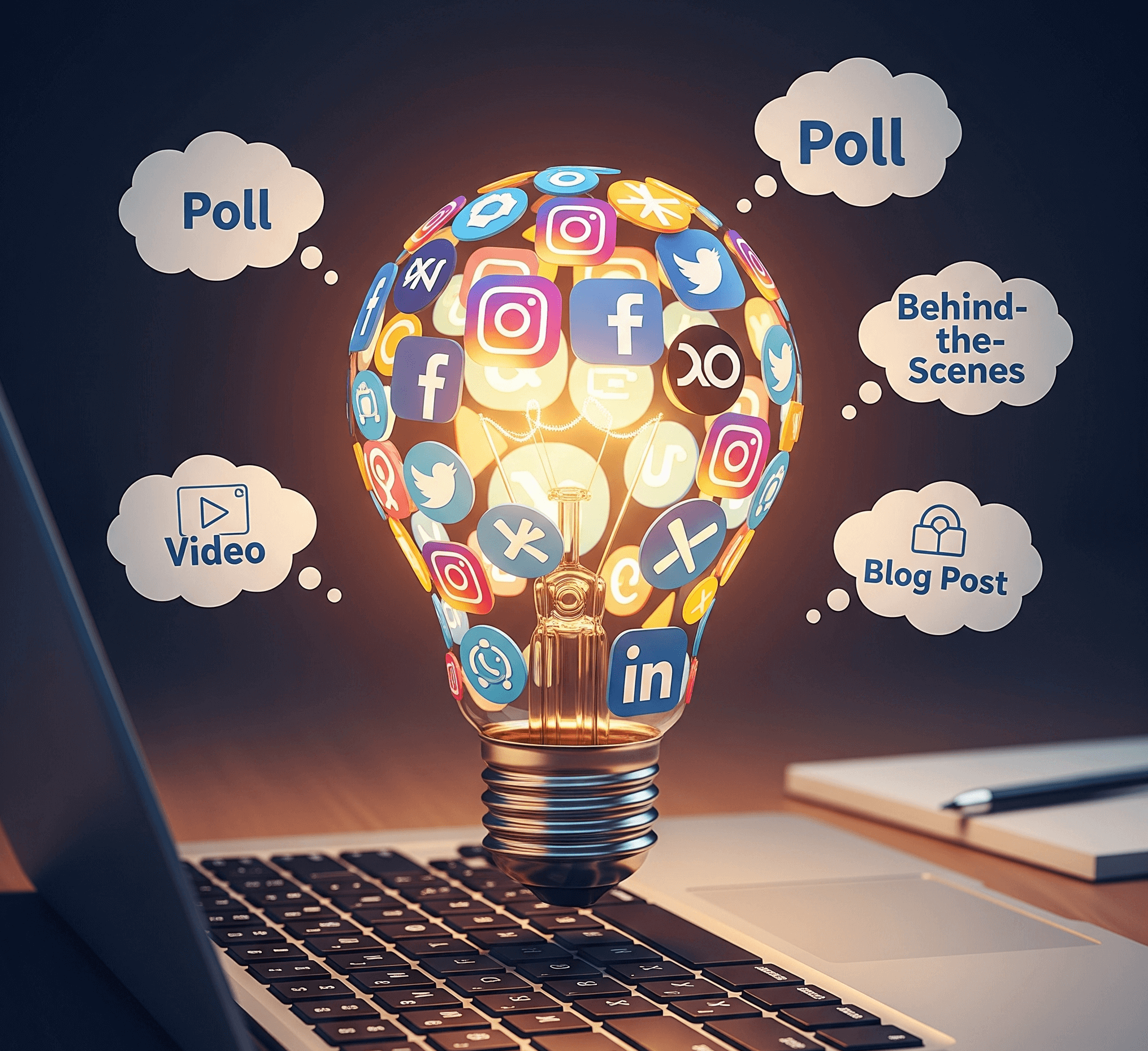 Social media lightbulb graphic representing a Free Social Media Post Idea Generator sparking content creativity.