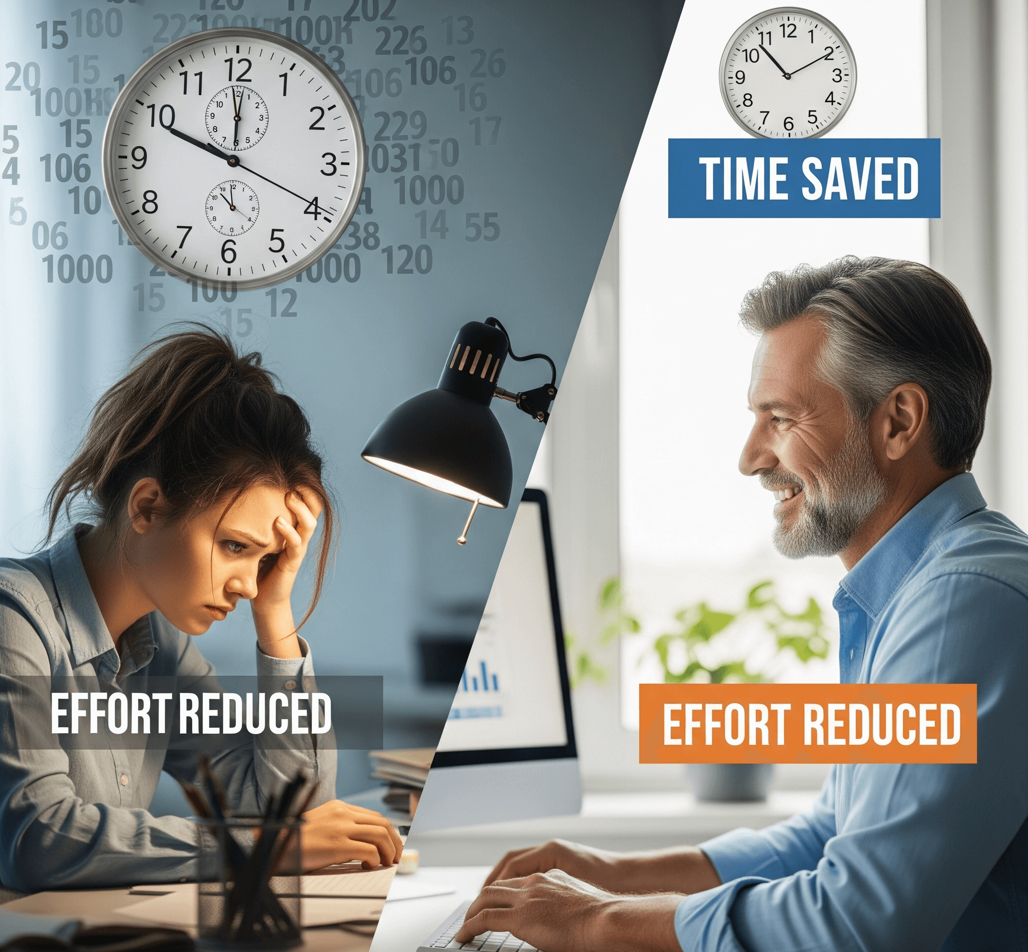Graphic illustrating time and resource savings, contrasting manual brainstorming with efficient generator use.