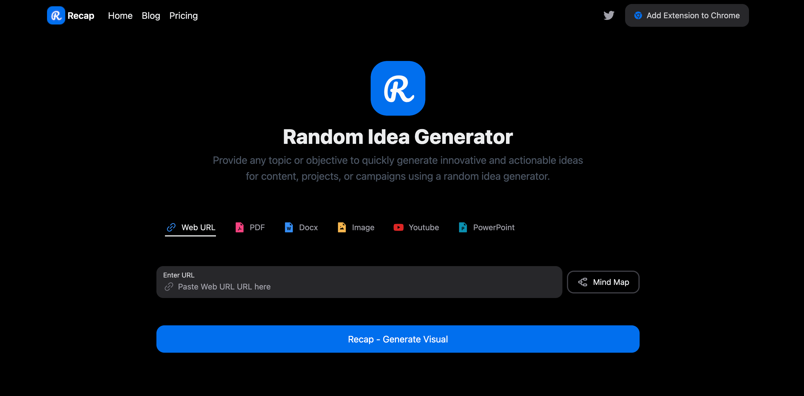 Screenshot of Recap Idea Generator, showing keyword input and generated content ideas.