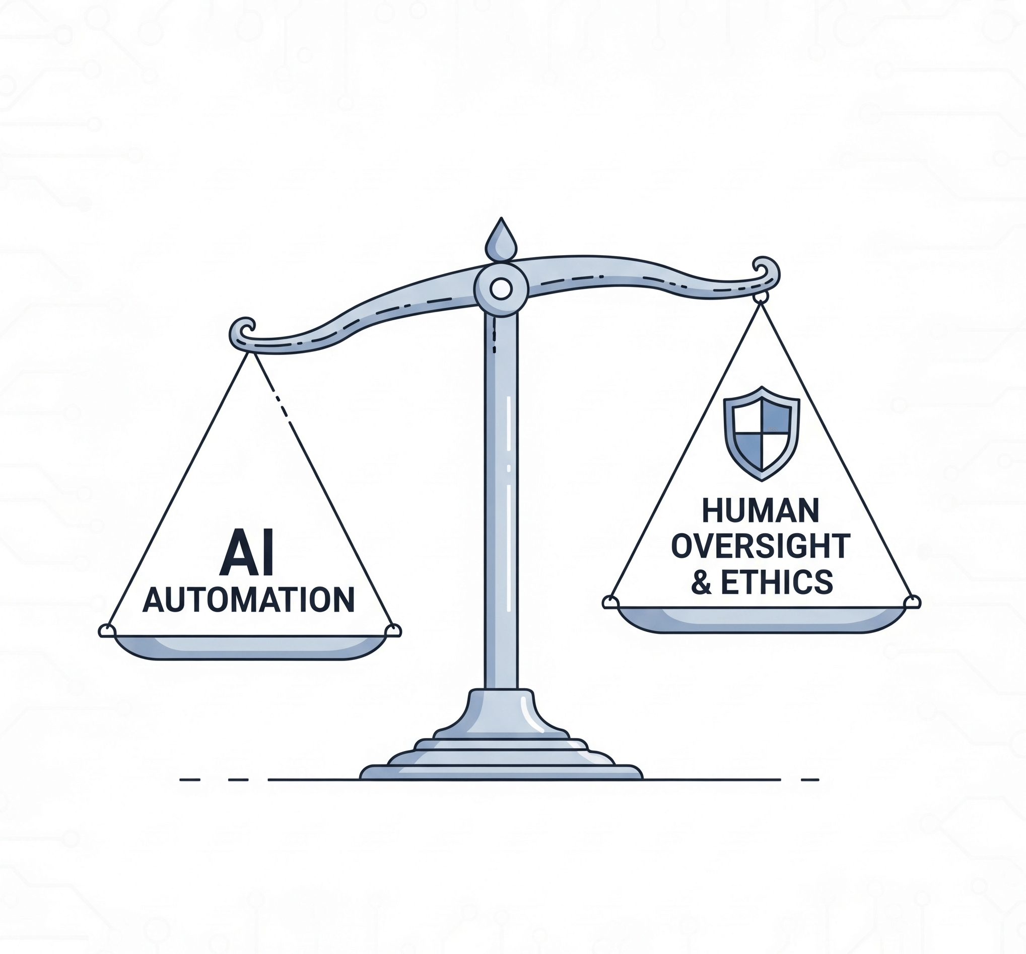 Graphic symbolizing the balance between AI automation and human ethical oversight in content creation.