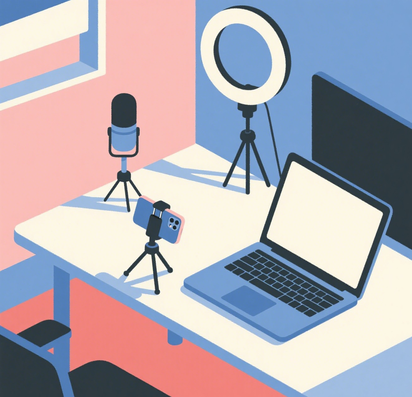 A content creator brainstorming their personal brand identity, with a notebook, tablet, and sticky notes on a clean desk, representing the process of finding a niche.