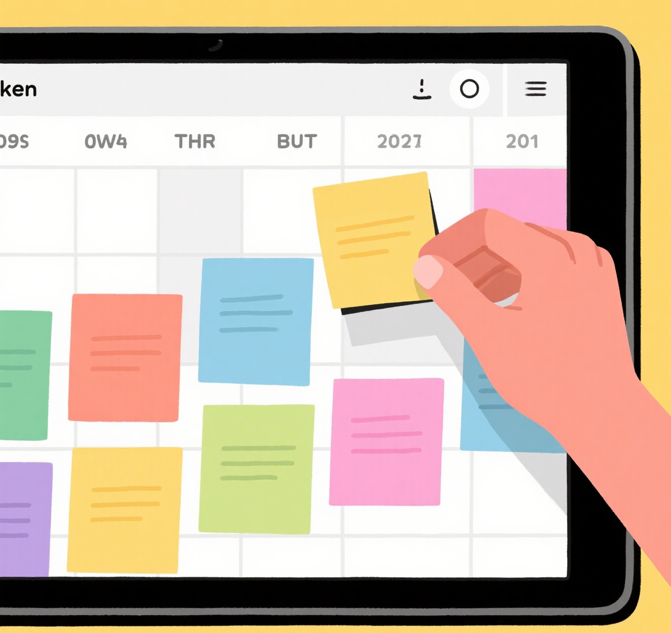 A content creator planning their monthly content calendar, using colorful sticky notes on a wall planner to organize their content strategy.