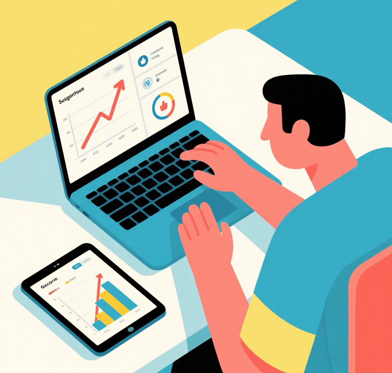 A content creator analyzing their social media growth and monetization routes by reviewing analytics charts on a laptop and tablet.