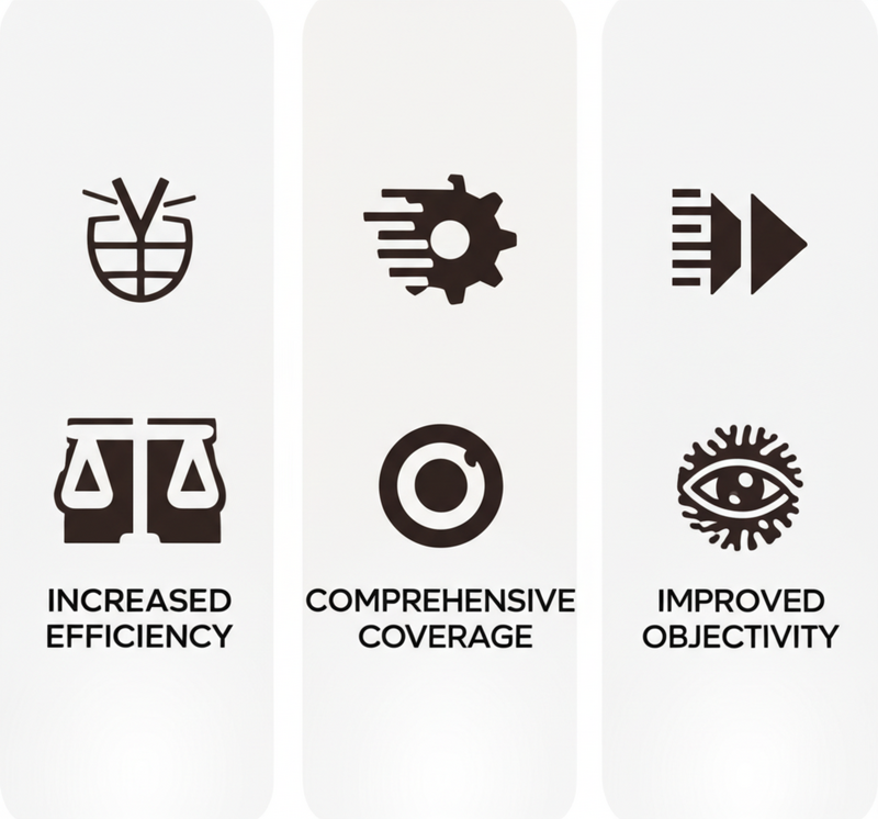 Diagram showing benefits of AI in literature reviews: speed, breadth, objectivity