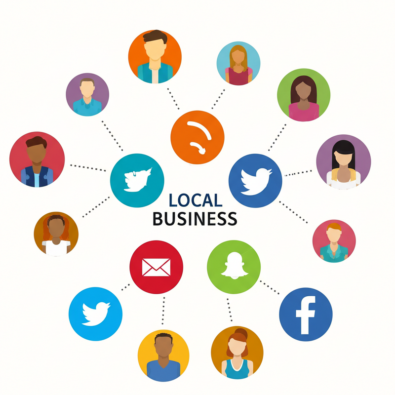 Illustration of local businesses engaging with community members through various social media platforms like Facebook, Instagram, and TikTok, with connection lines.