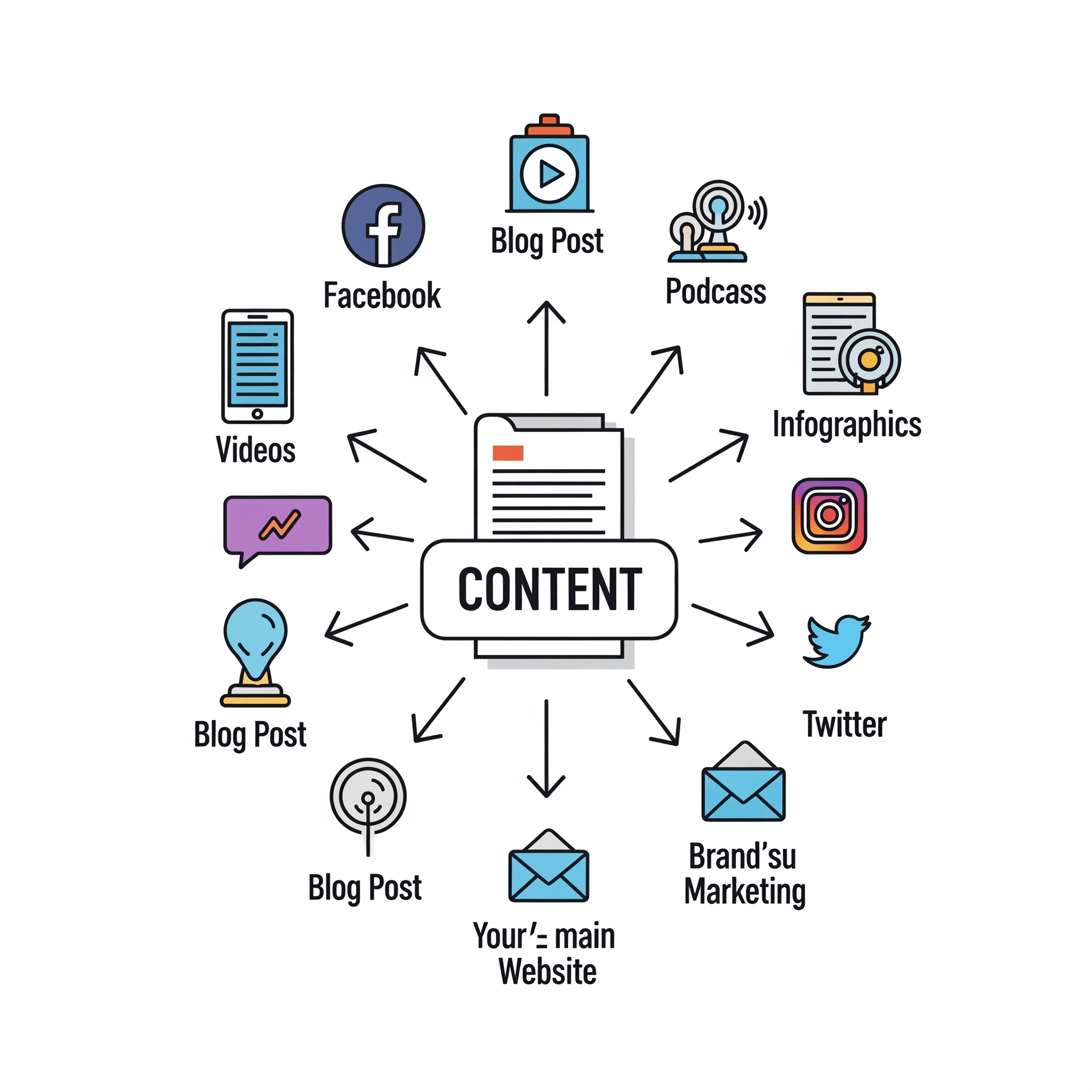 Content Repurposing Flow: Blog to Video, Podcast, Infographic across Platforms.