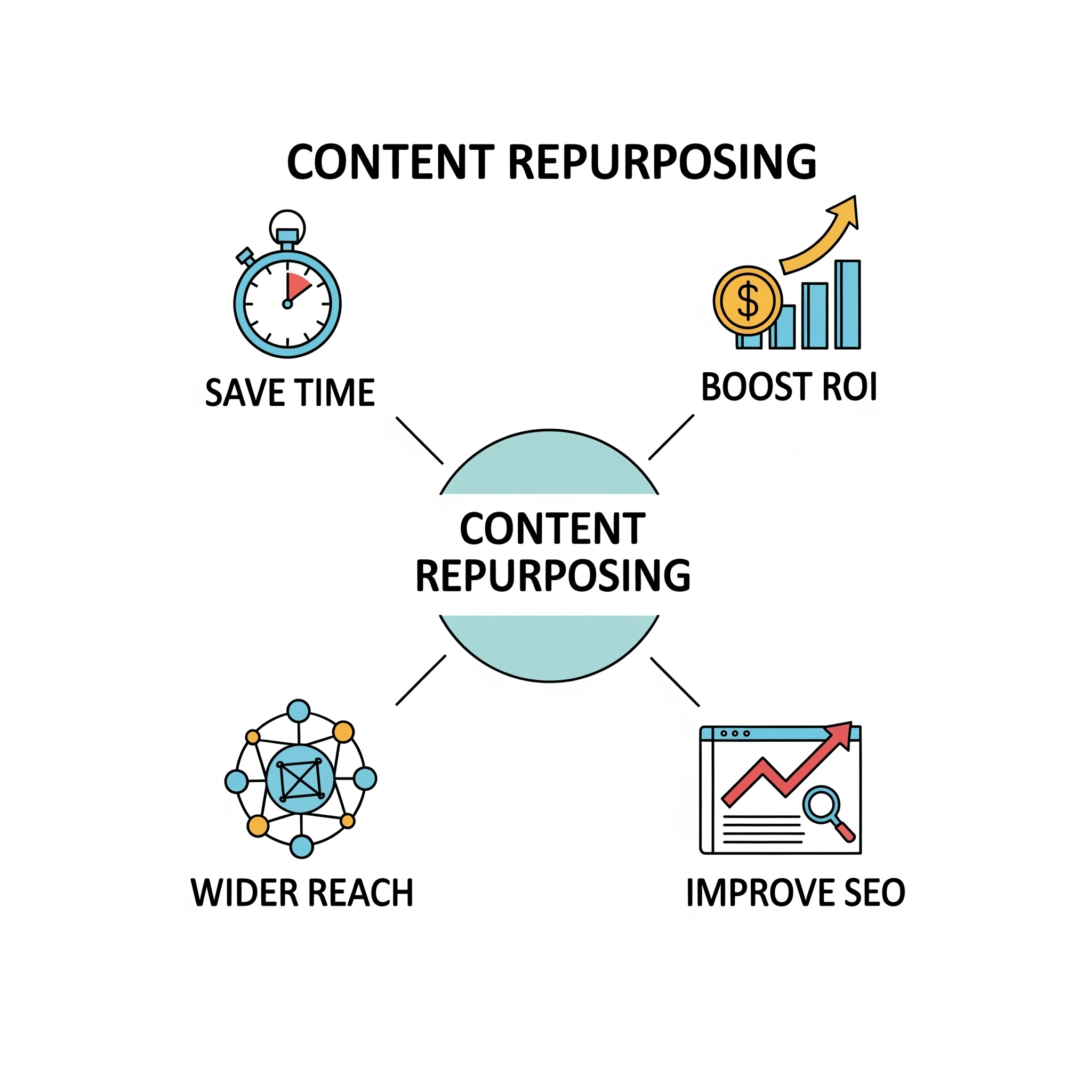 Benefits of Content Repurposing: Time Savings, ROI, Reach, SEO.