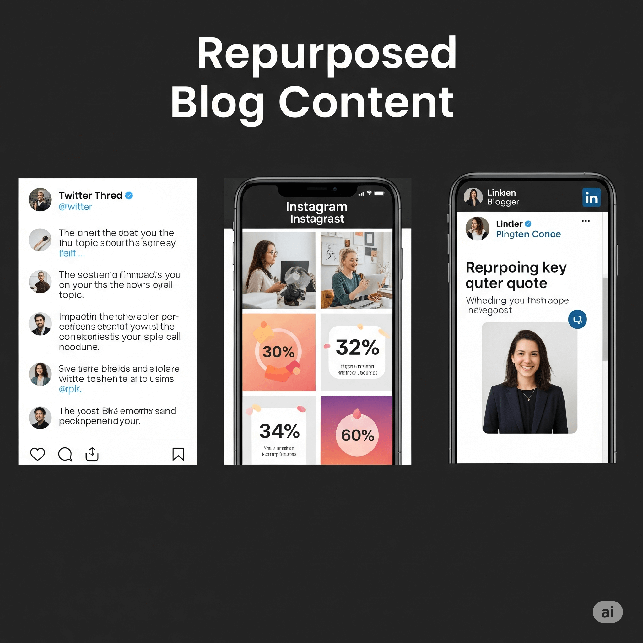 Examples of blog content repurposed for Twitter, Instagram, and LinkedIn.