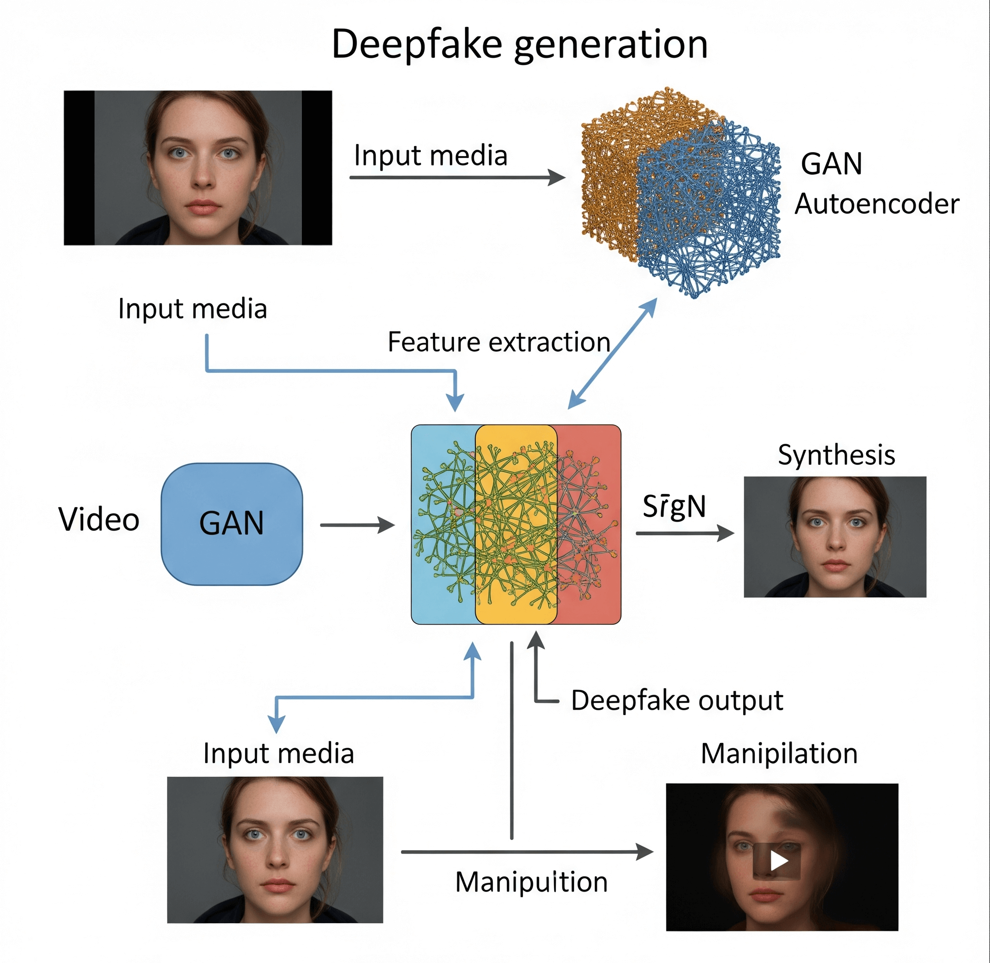 Diagram showing the deepfake creation process, from input video/image to the AI training and final synthesized output.