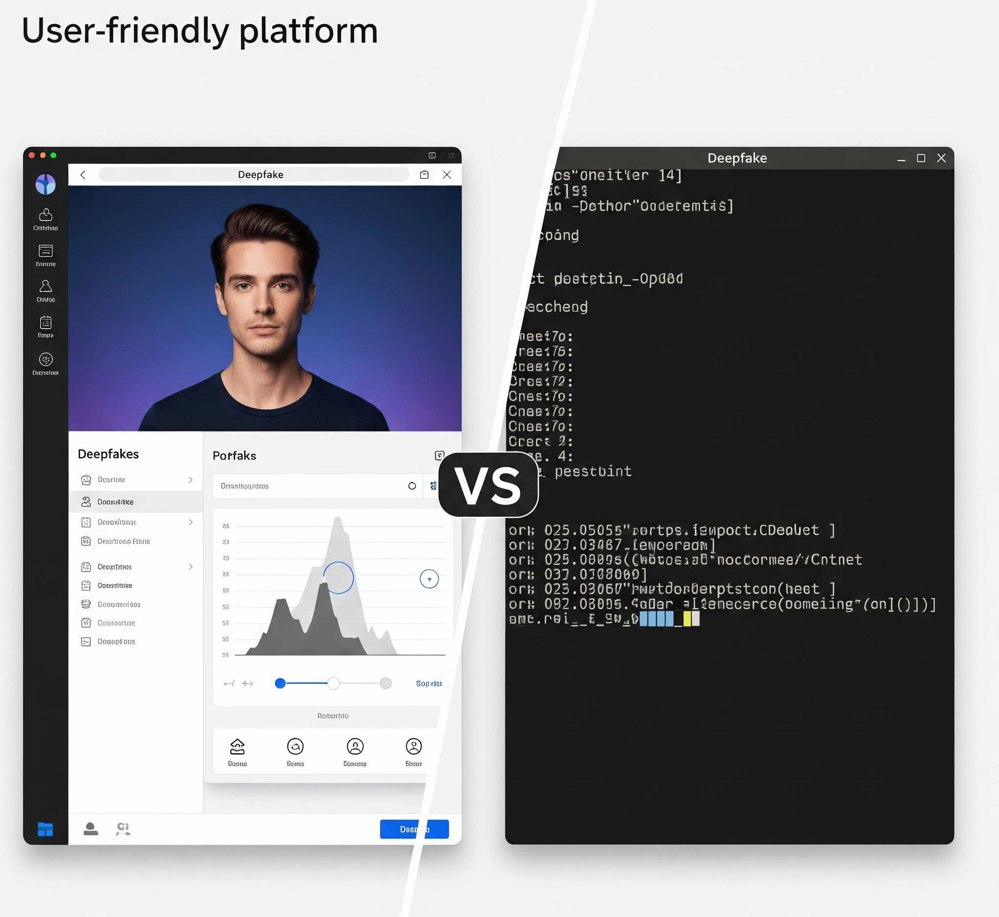 Comparison of deepfake software interfaces: a simple online platform vs. a complex command-line open-source tool.