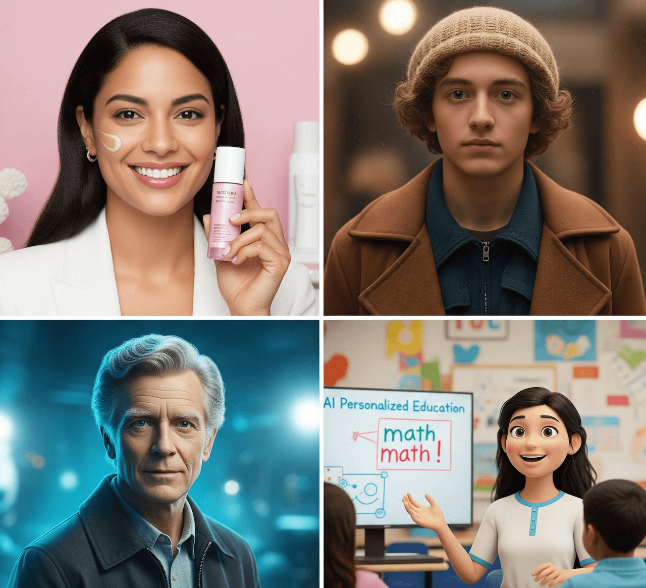Collage illustrating beneficial deepfake applications in entertainment, marketing, and education.