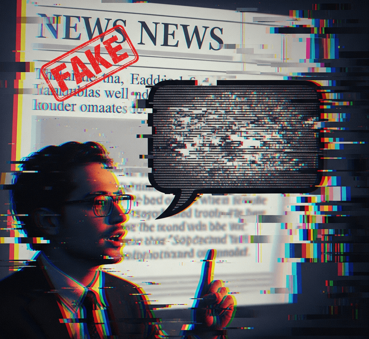Graphic illustrating the dangers of deepfake misinformation, with symbols of distorted truth and public distrust.