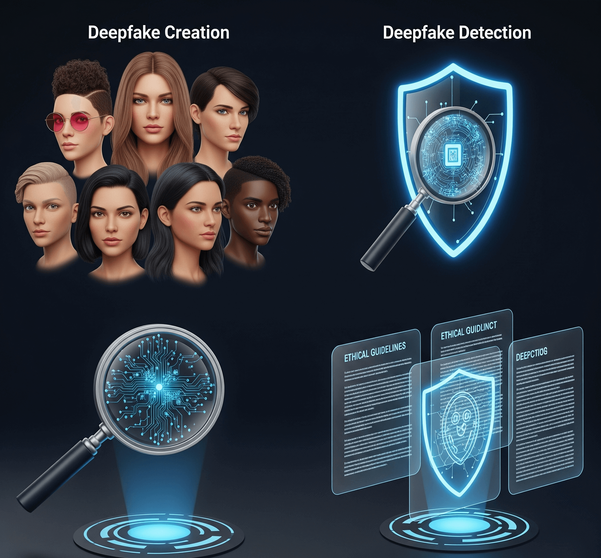Futuristic graphic showing the ongoing race between deepfake creation and detection, emphasizing ethical frameworks and transparency.