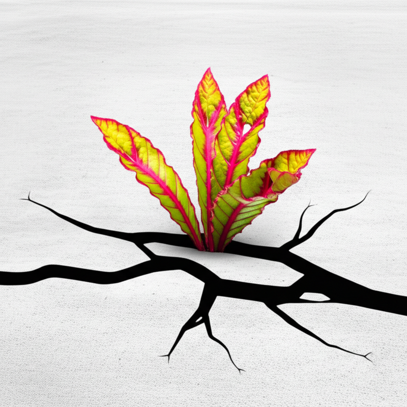 Vibrant plant breaking through a dull concrete slab, symbolizing unique content growth and creative differentiation.