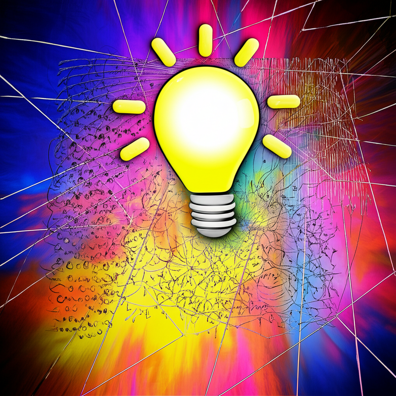 Abstract graphic of interconnected ideas and a glowing lightbulb, illustrating creative techniques for originality.