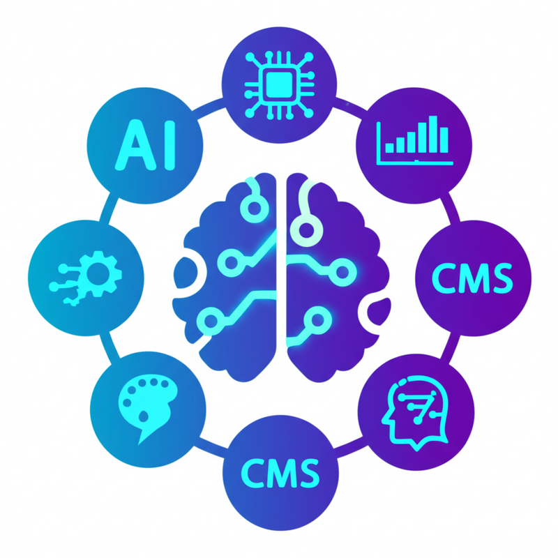Icons of AI, CMS, data analytics, and graphic design tools surrounding a brain icon, representing technology aiding unique content creation.