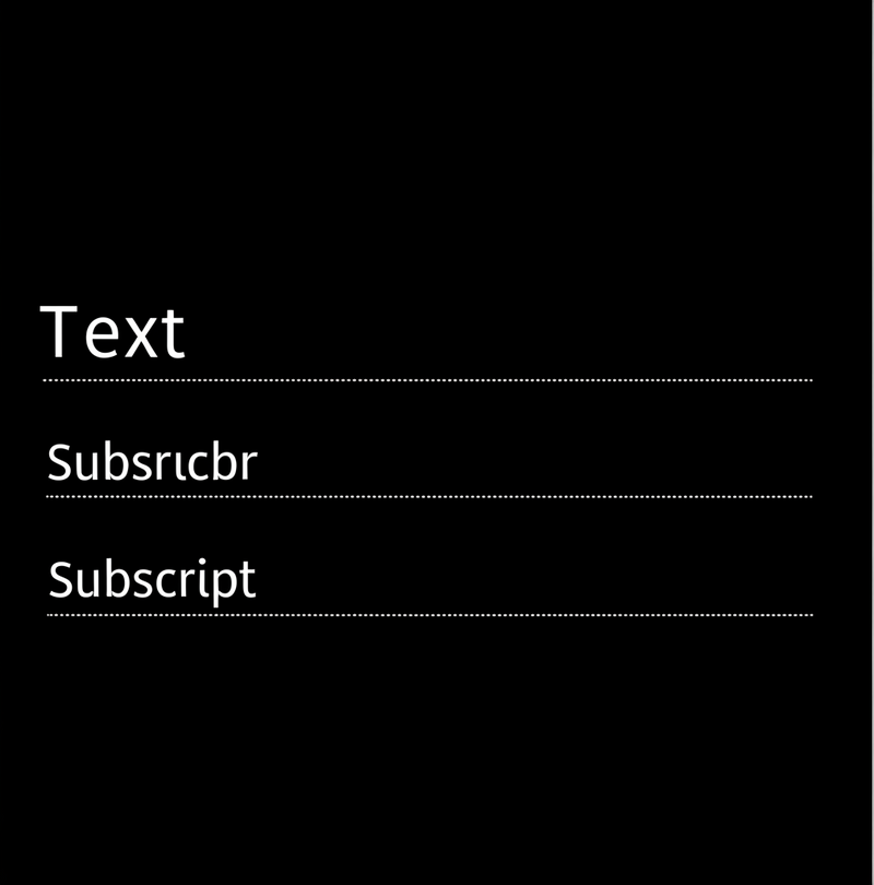 Comparison of text alignment: regular text on baseline, superscript above, subscript below.