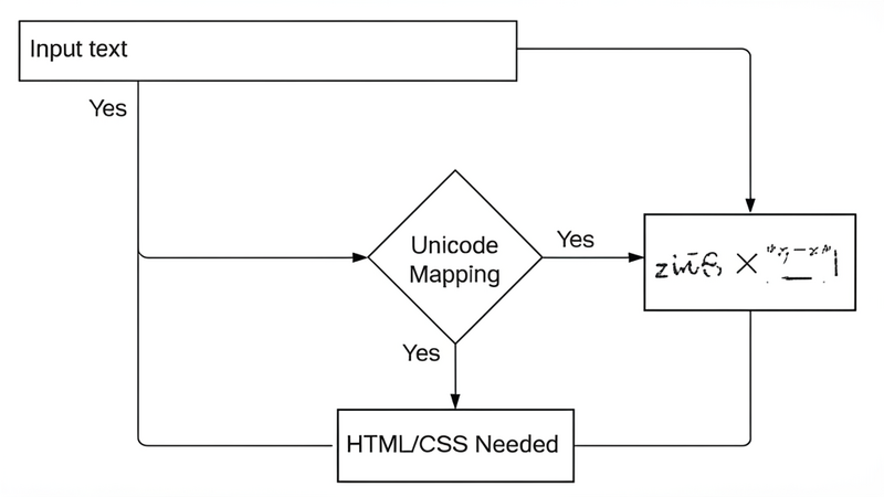 Workflow diagram of a superscript generator: Input Text -> Character Mapping (Unicode) -> HTML/CSS Styling -> Output Superscript.