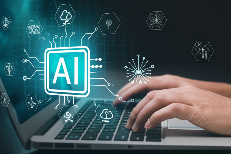 Conceptual image of a user interacting with a future text editor, surrounded by AI and cloud symbols, depicting automation and integration.
