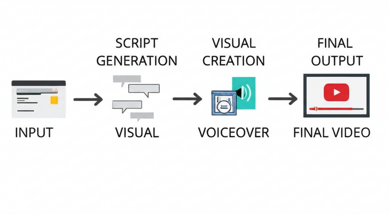 Workflow diagram of an AI video and script generator, from text input to final video production.