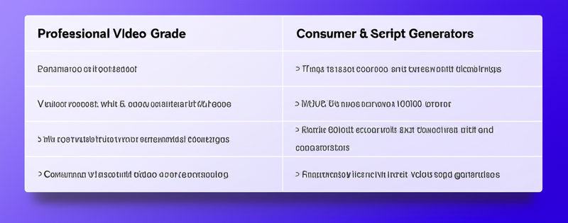Comparison highlighting advanced features of professional AI video tools versus basic functionalities of consumer tools.
